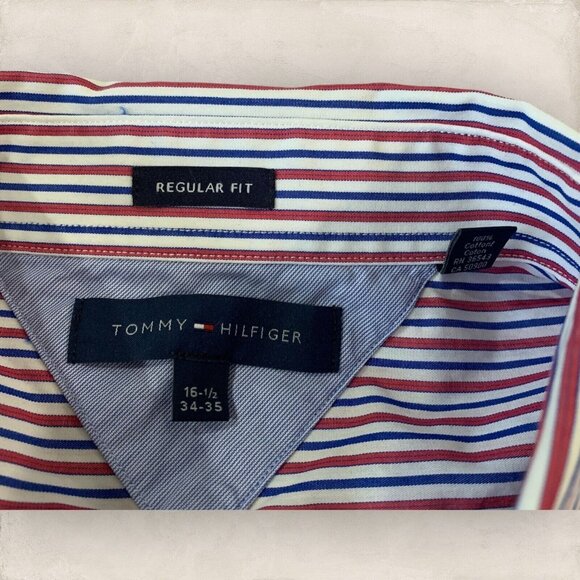 Tommy Hilfiger Button Down Shirt Men Size Large 16.5” Neck 34-35" Length Striped - Picture 2 of 5